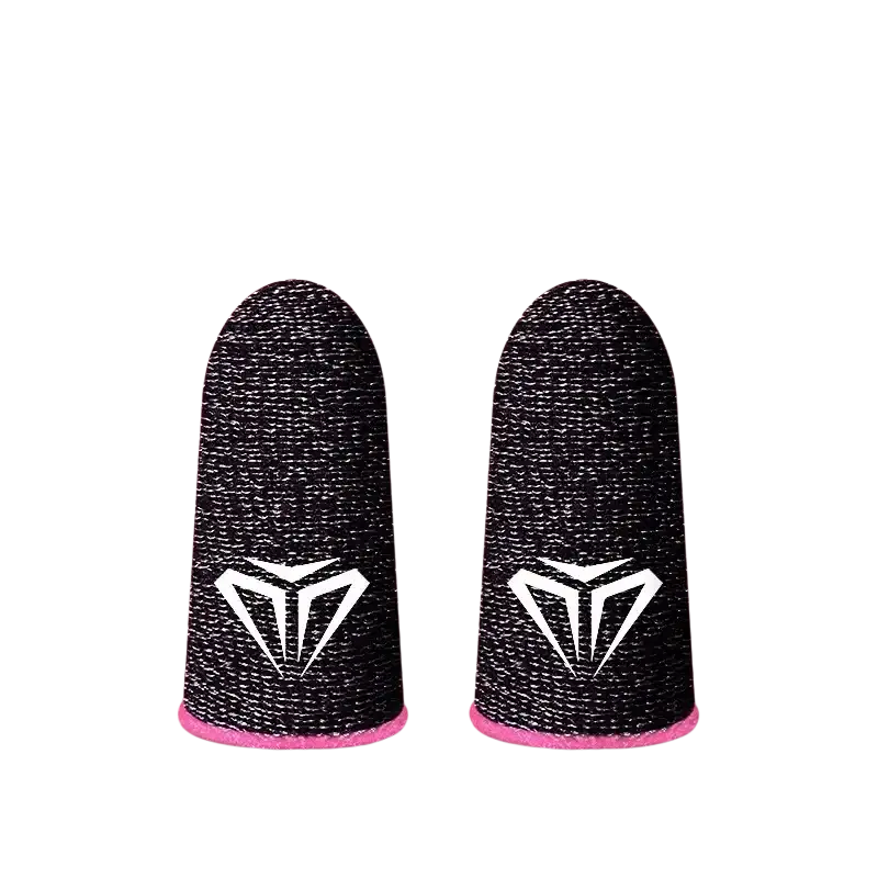 Black gaming finger sleeves with pink trim and white logo made from super conductive fiber breathable sweatproof design