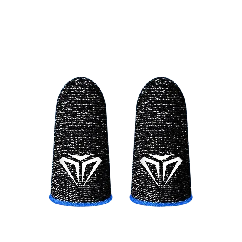 Black gaming finger sleeves with a breathable, sweatproof woven texture and blue trim visible on the back side