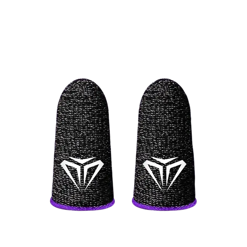Black gaming finger sleeves made of breathable sweatproof super conductive fiber with white logo and purple trim back side