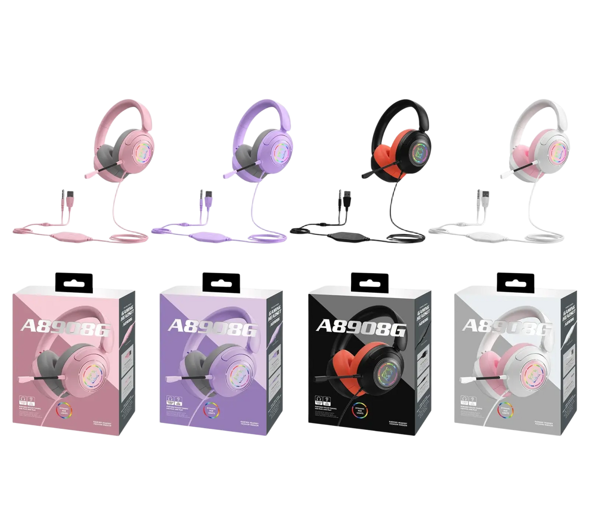The a8908g gaming headset features vibrant colors and rgb lighting as a key feature for original earphones wired use