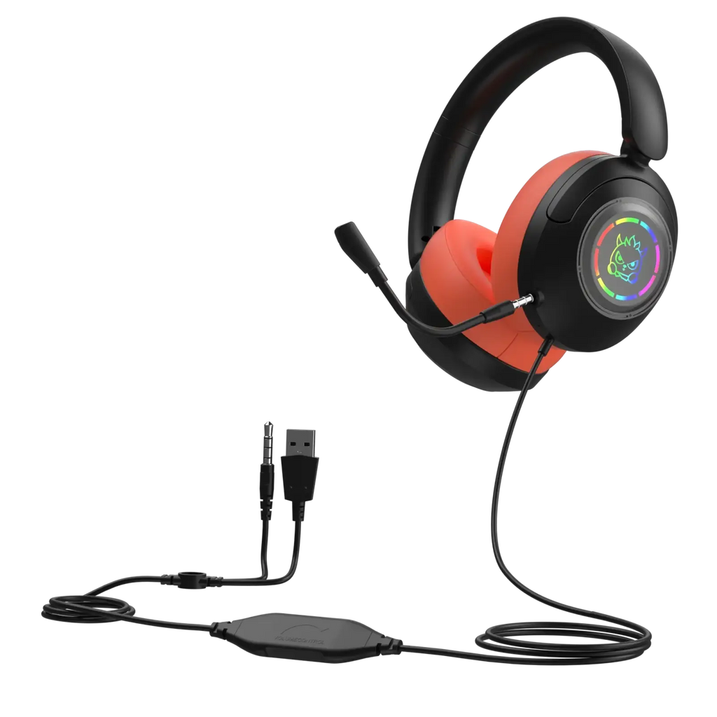 Black and orange gaming headset wired with microphone and rgb lighting on the earcup key feature for gamers