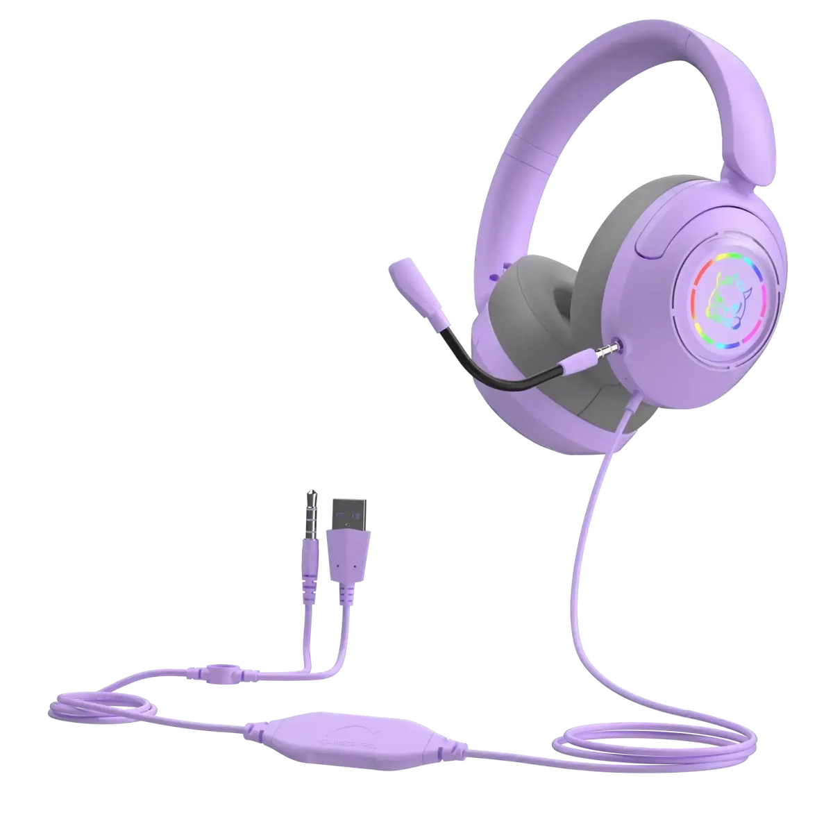 Lavender gaming headset with rgb lighting detachable microphone soft earcups and usb-a to 3.5mm adapter original earphones wired