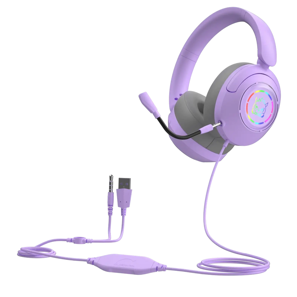 Lavender gaming headset with rgb lighting key feature detachable microphone soft earcups and integrated usb cable original earphones wired