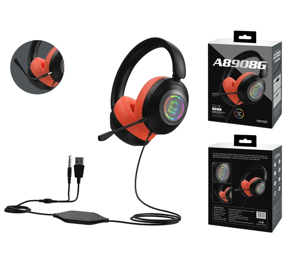 Orange and black gaming headset with wired original earphones microphone and circular RGB lighting on the earcup