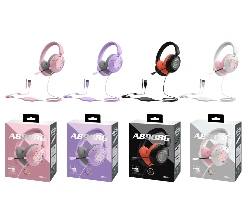Gaming headset with rgb lighting and detachable microphones available in pastel pink purple orange and white colors