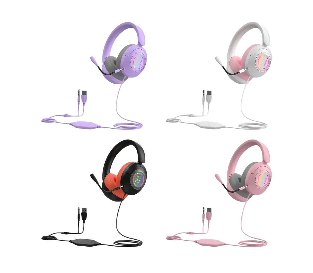 Pastel-colored gaming headset with microphone rgb lighting adjustable headband in lavender white black and pink