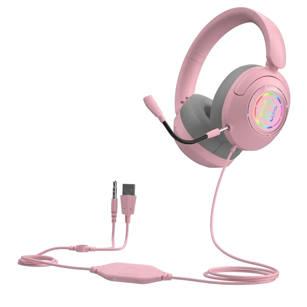 Gaming headset with microphone and rgb lighting in pink featuring soft earcups and original earphones wired cables