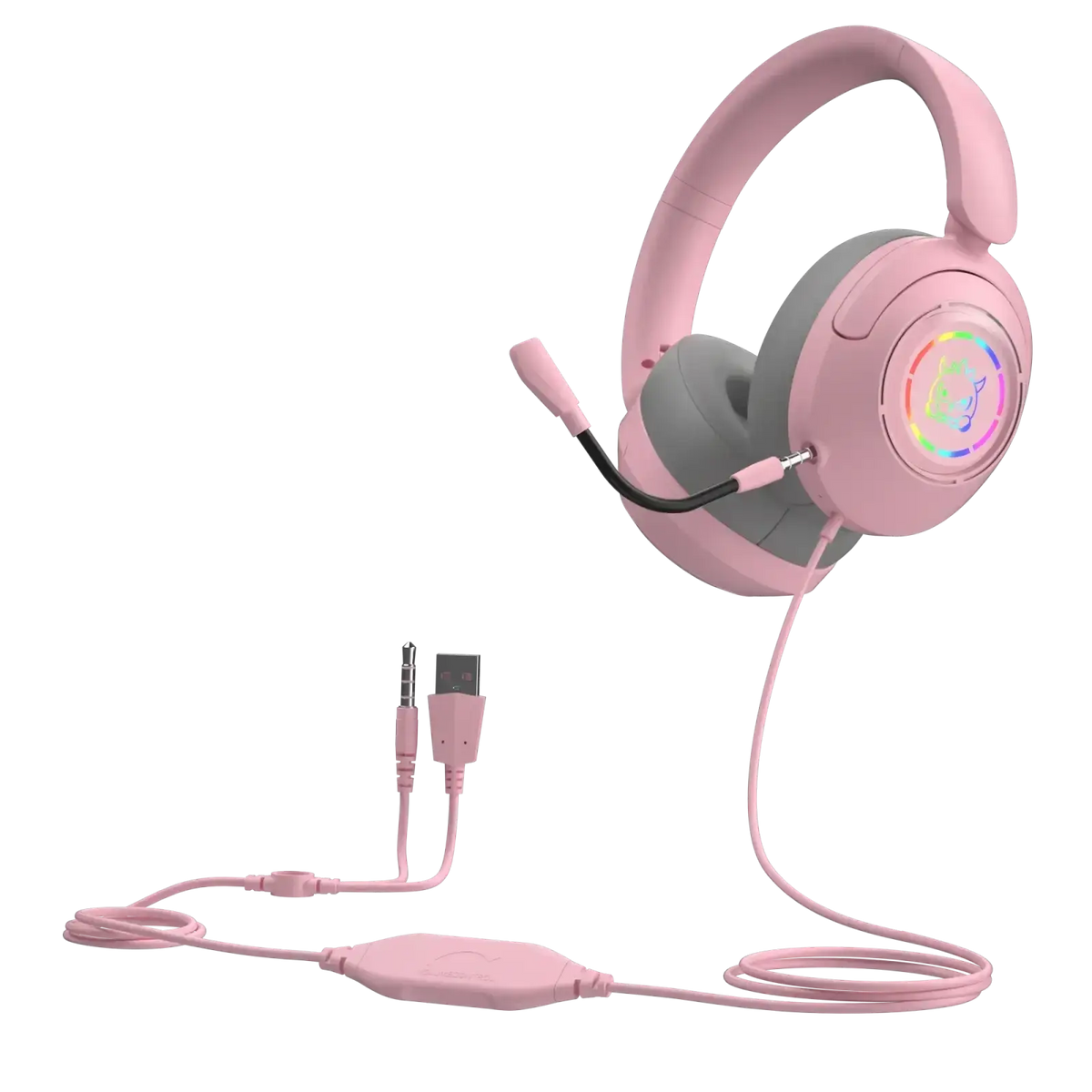 Gaming headset with microphone and rgb lighting in pink featuring soft earcups and original earphones wired cables