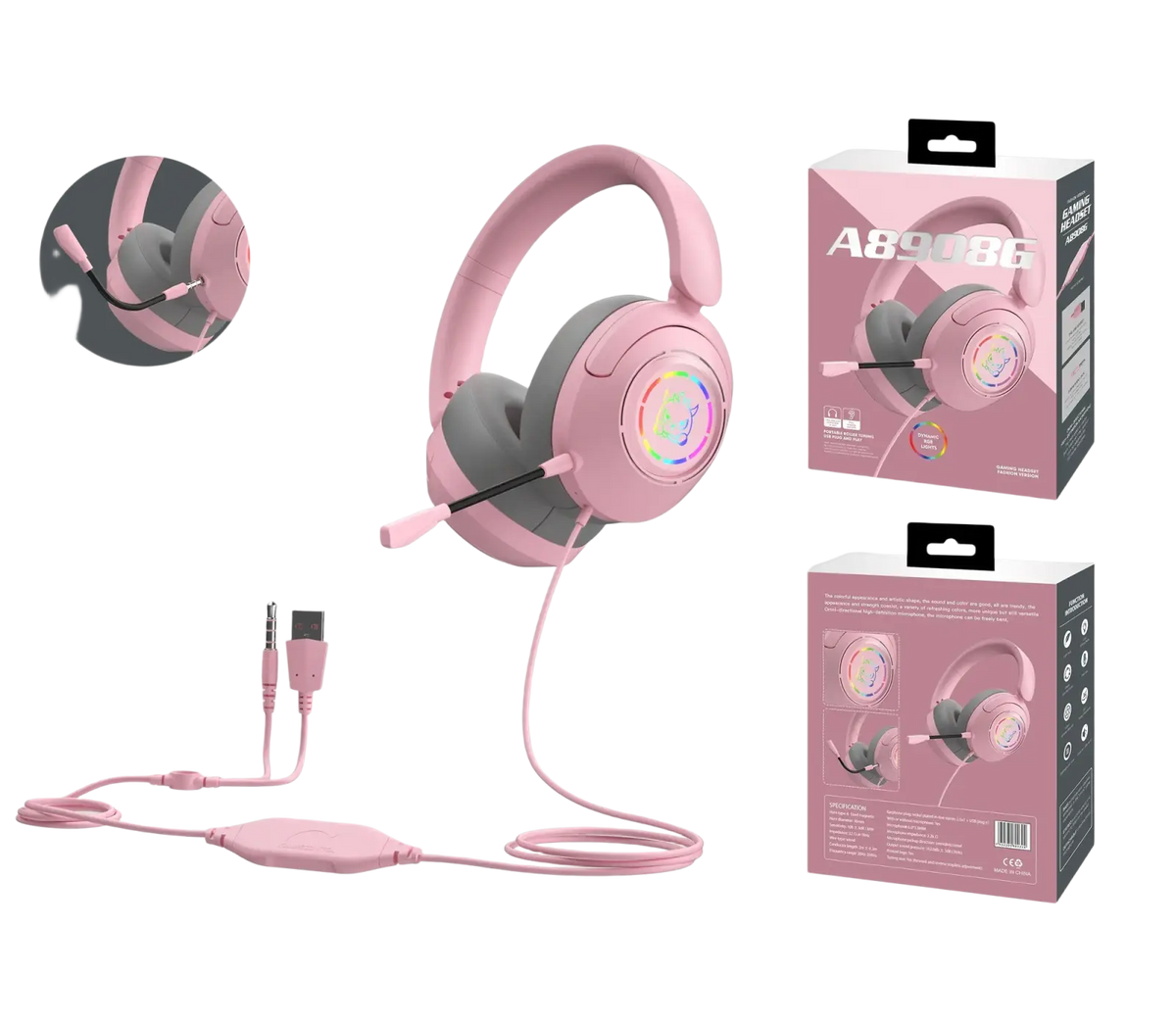 Pink and gray gaming headset with rgb lighting, flexible microphone boom arm, and detachable usb cable key feature
