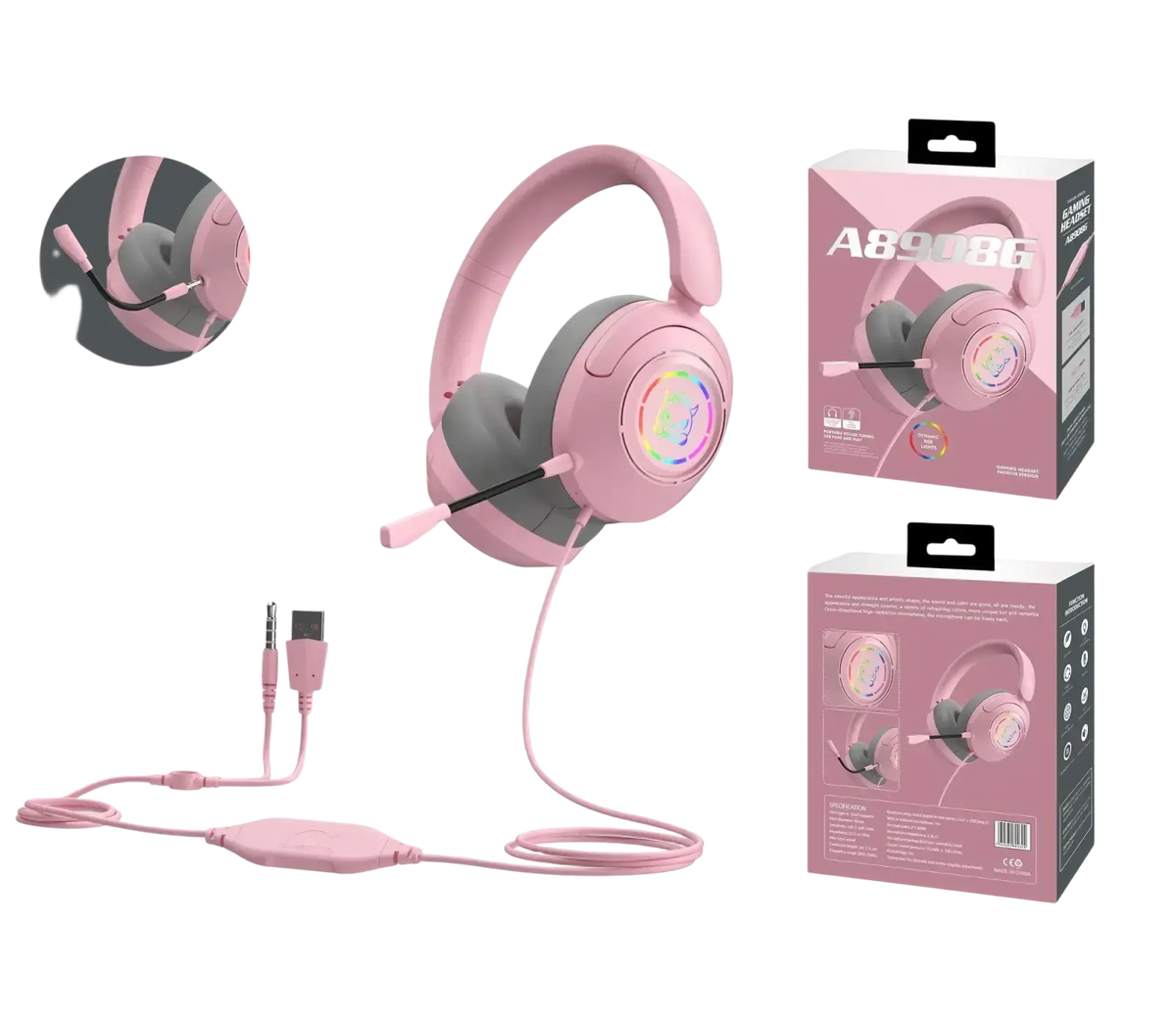 Gaming headset with microphone and rgb lighting in pink and gray featuring detachable mic and original earphones wired cable