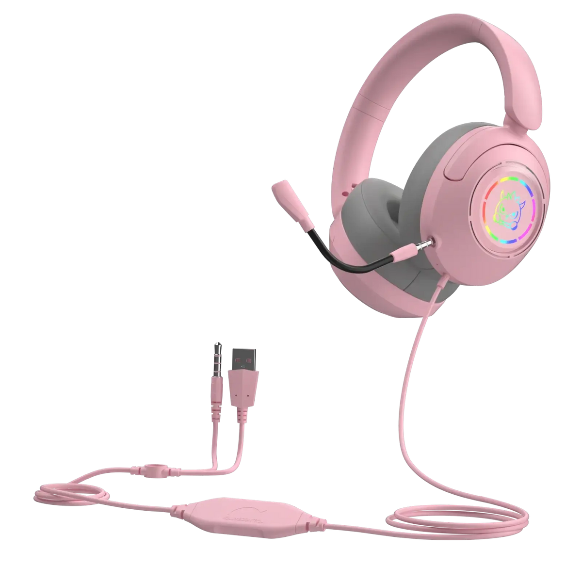 Pink gaming headset with microphone and rgb lighting featuring a glowing rainbow logo and matching pink cable key feature original earphones wired