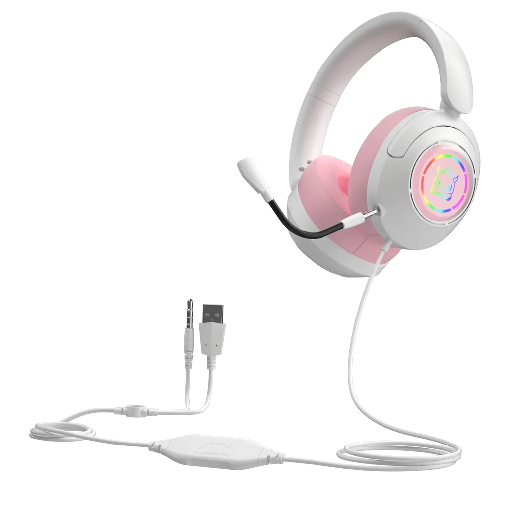 Pink and white gaming headset with microphone and circular RGB lighting key feature for original earphones wired use