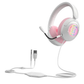 Pink and white gaming headset with microphone and circular RGB lighting key feature for original earphones wired use