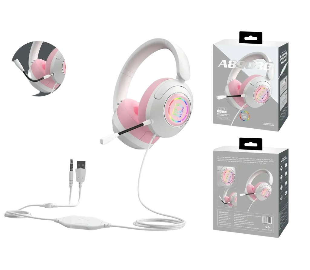 Pink and white wireless gaming headset with microphone and rgb lighting on earcups for original earphones use