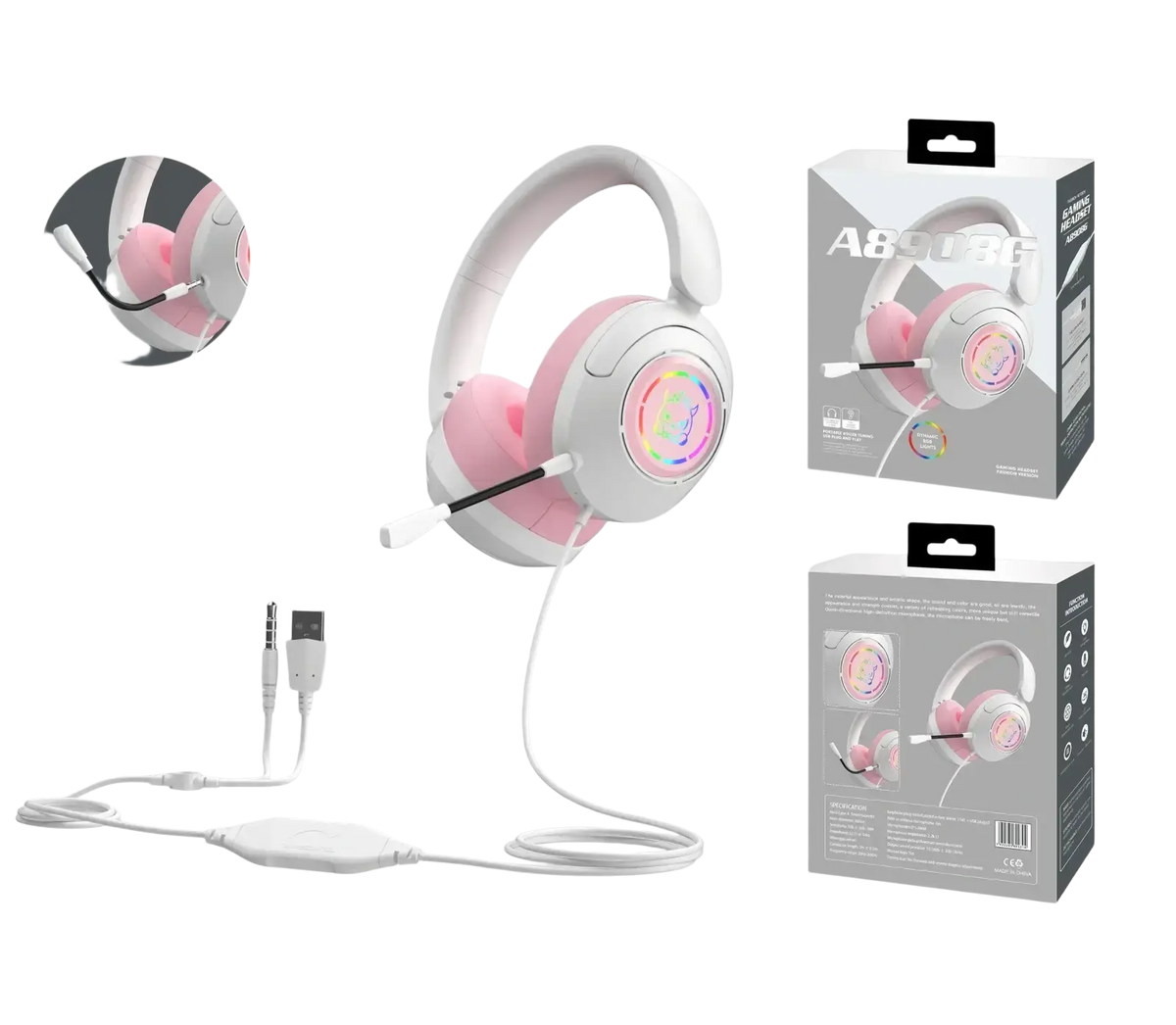 Pink and white wireless gaming headset with microphone and rgb lighting on earcups for original earphones use