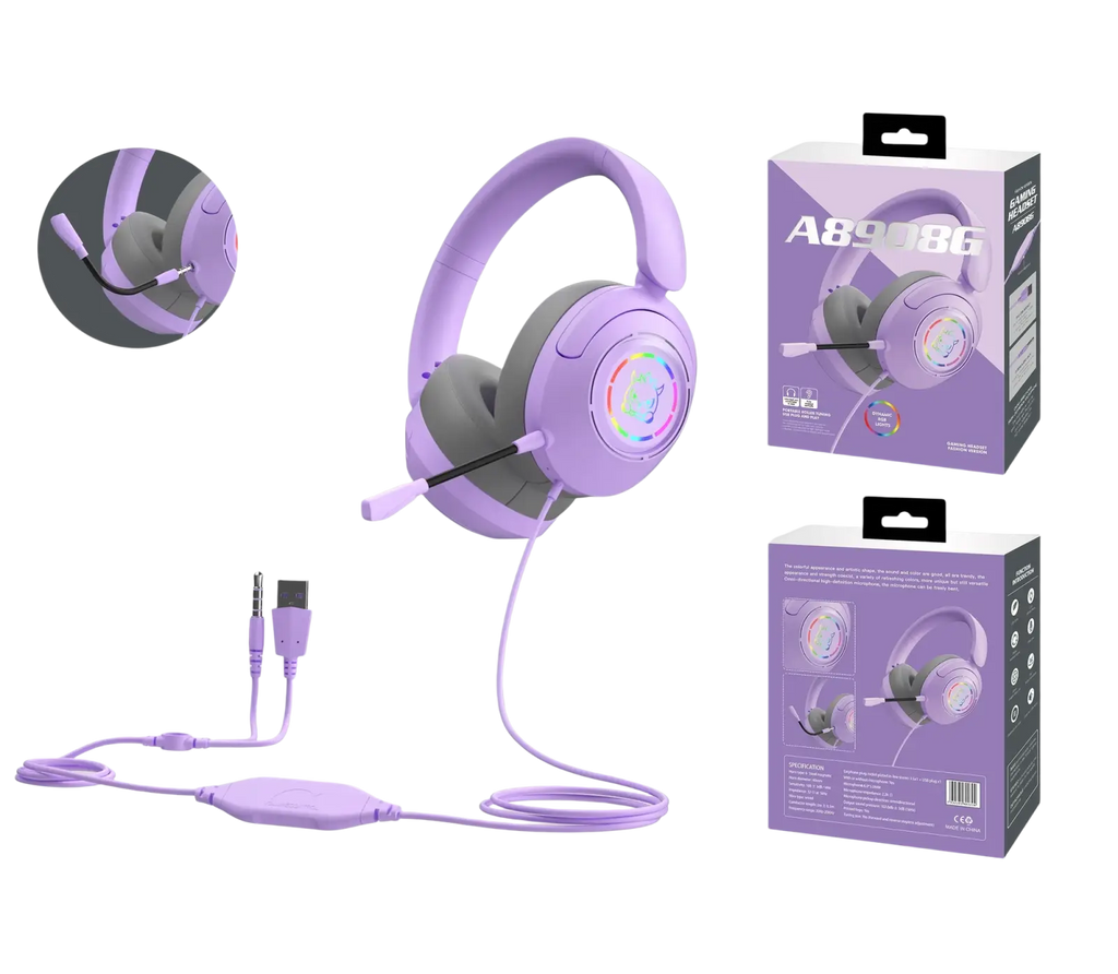 Purple gaming headset with rgb lighting, detachable microphone, soft earcups, and flexible headband key feature