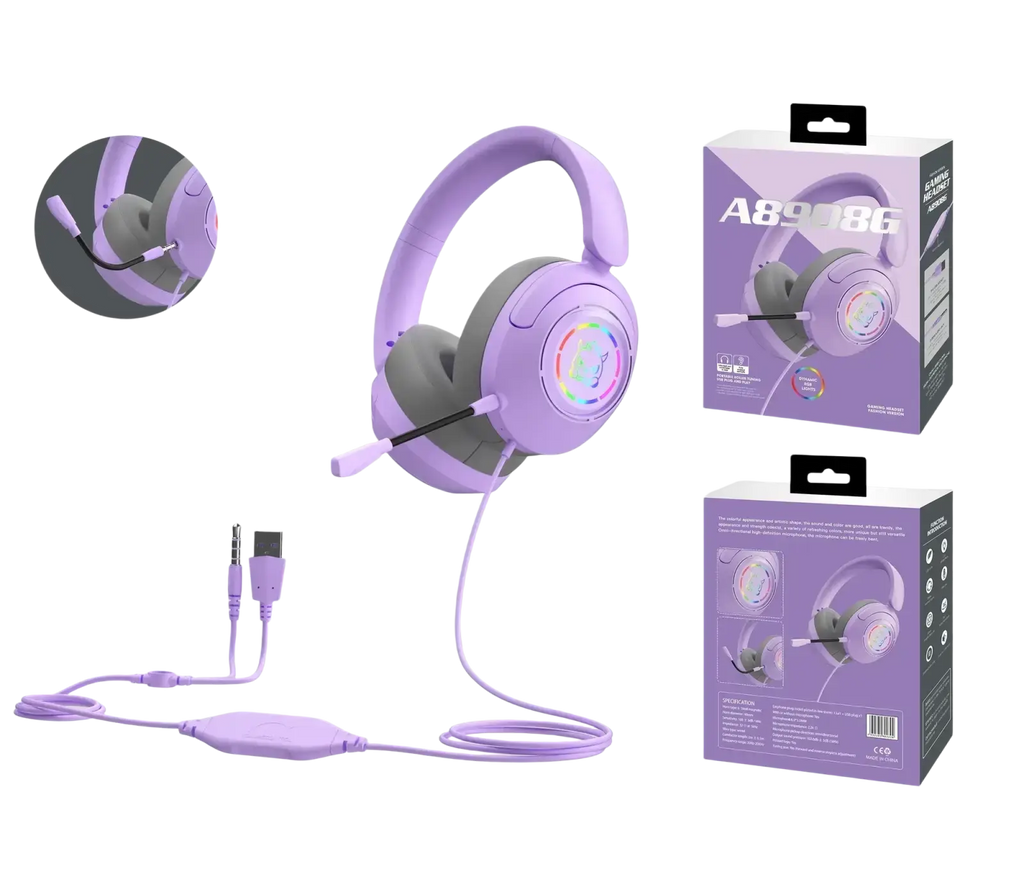 Gaming headset with purple and gray design, rgb lighting on earcups, detachable microphone, and usb cable wired connection