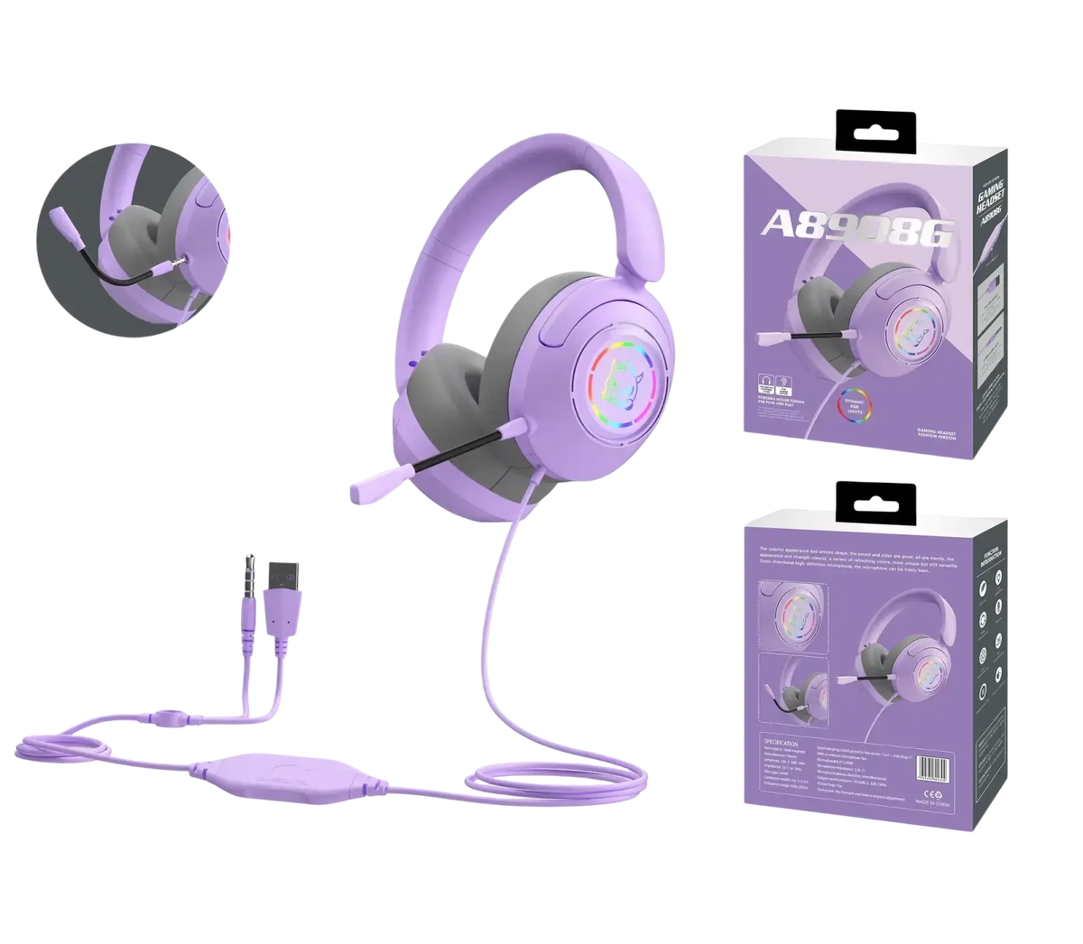 Gaming headset with purple and gray design, rgb lighting on earcups, detachable microphone, and usb cable wired connection