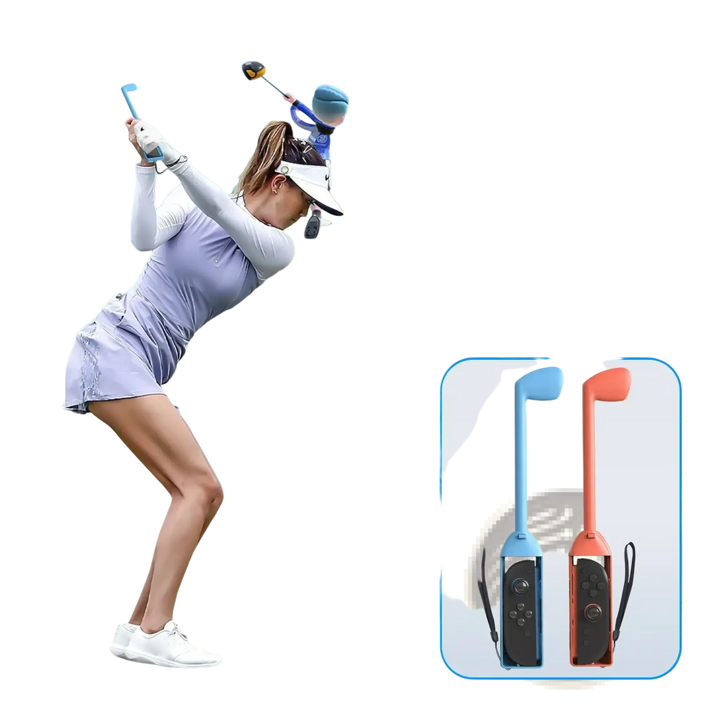 Gaminja Switch 2 joy-con sports accessories with blue and orange golf club-shaped controllers with wrist straps