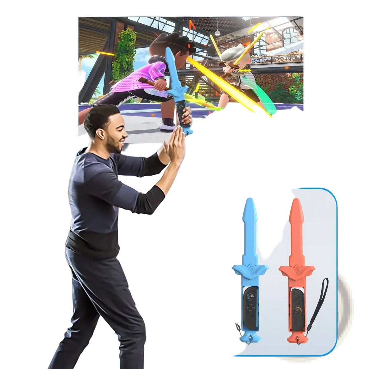 Gaminja Switch 2 joy-con plastic blue and orange sword-shaped controllers with wrist straps for sports gaming accessories