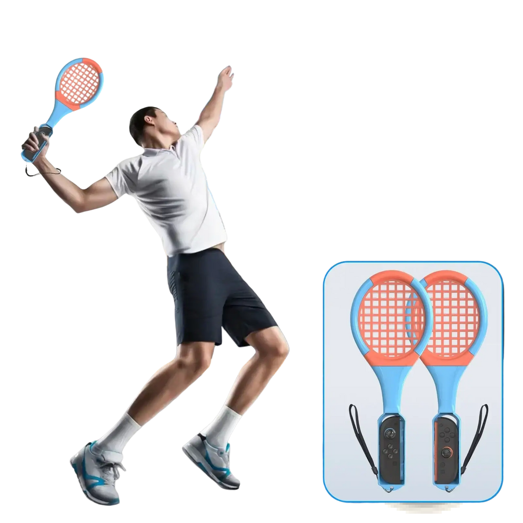 Blue and orange plastic tennis racket with black grip and wrist strap for gaminja switch 2 joy-con 16 in 1 sports accessories