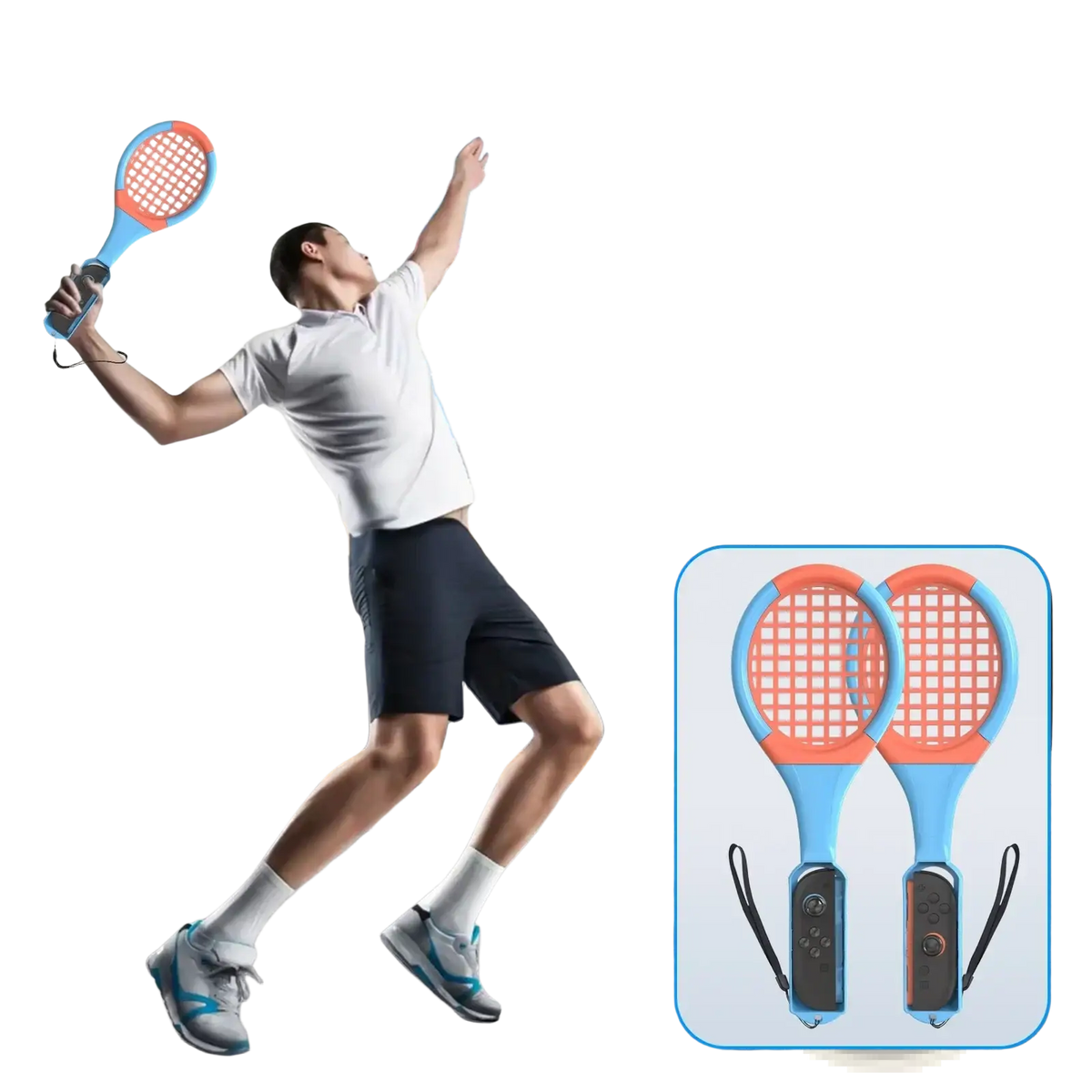 Blue and orange plastic tennis racket with black grip and wrist strap for gaminja switch 2 joy-con 16 in 1 sports accessories