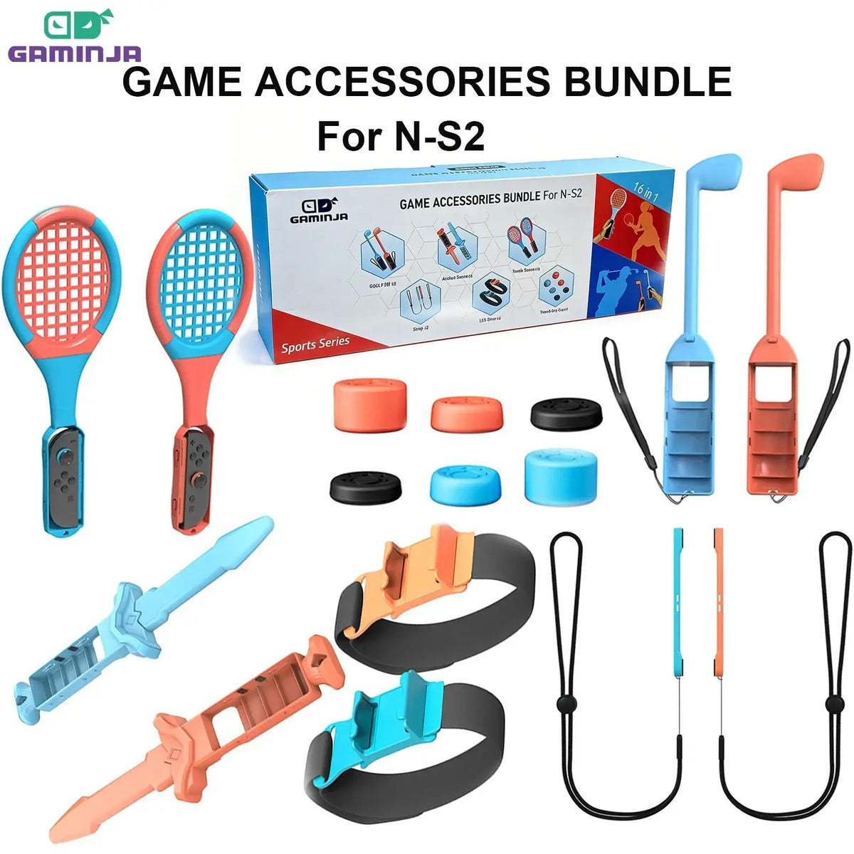 Colorful plastic tennis rackets with blue and orange handles for nintendo switch n-s2 in gaminja switch 2 joy-con 16 in 1 sports accessories