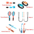 Pair of colorful plastic tennis rackets with red and blue frames and black grips featuring Nintendo Switch Joy-Con controllers