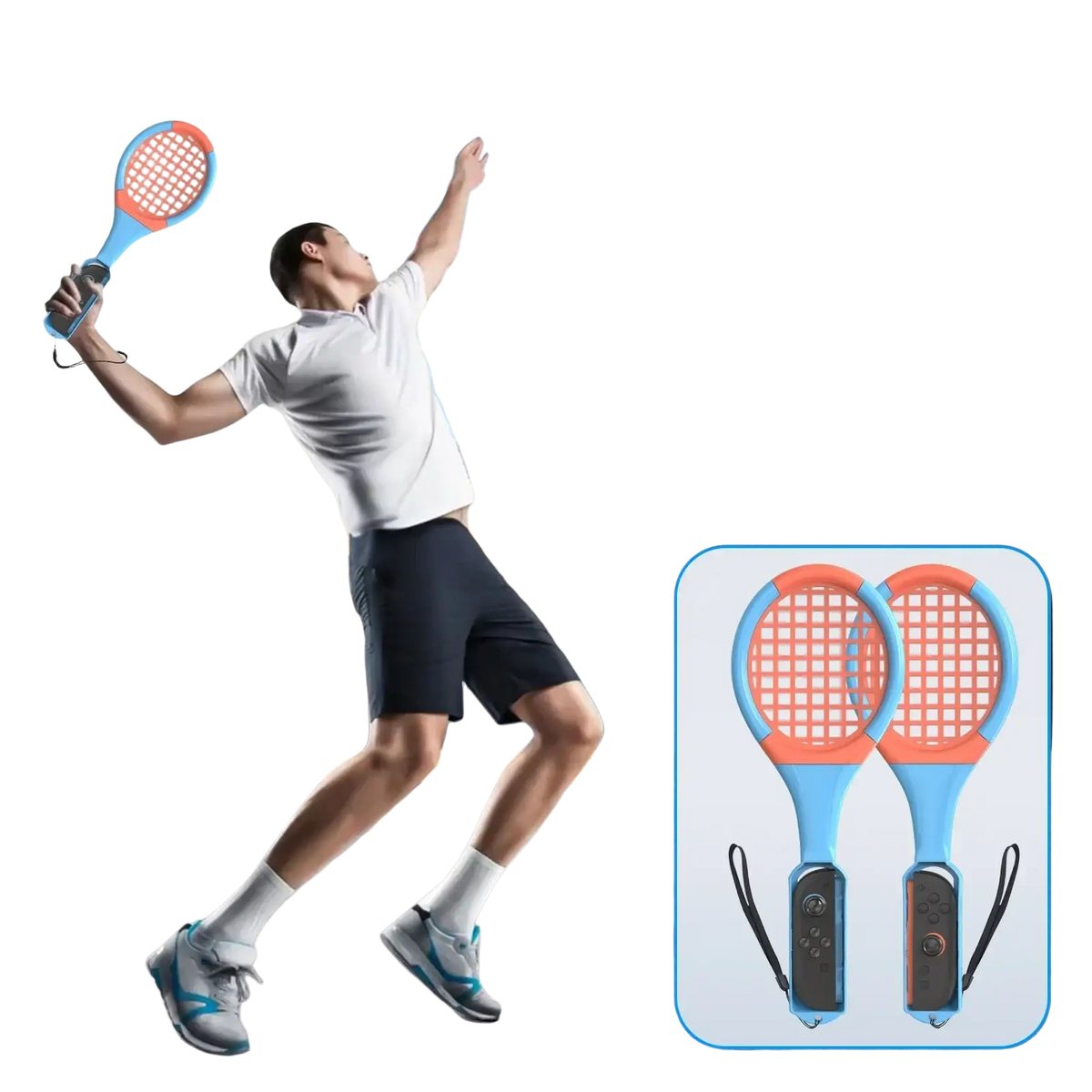 Blue and orange plastic tennis racket with black grip and wrist strap for gaminja switch 2 joy-con 16 in 1 sports accessories