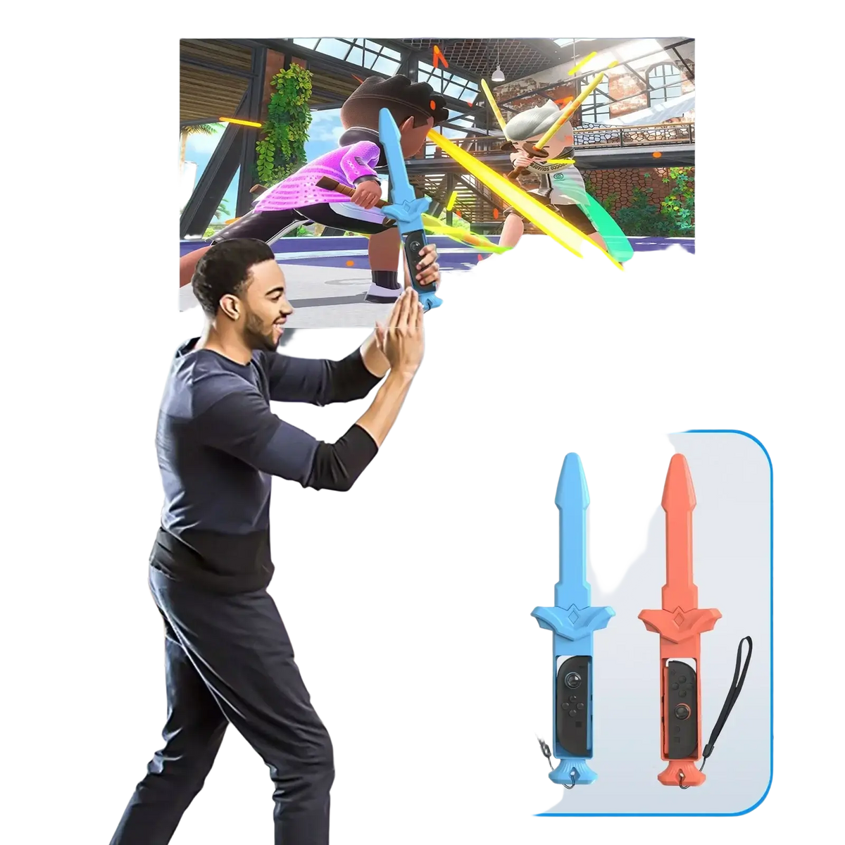 Gaminja Switch 2 joy-con plastic blue and orange sword-shaped controllers with wrist straps for sports gaming accessories
