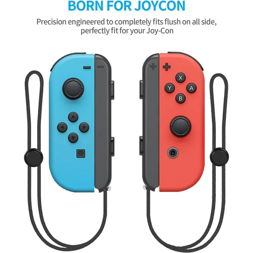 Gaminja switch joy-con wrist strap black attached to blue and red Nintendo Switch controllers for secure grip use