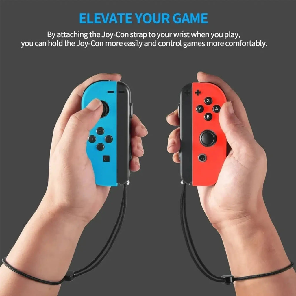 Blue and red nintendo switch joy-con controllers with black gaminja wrist straps for secure gaming use