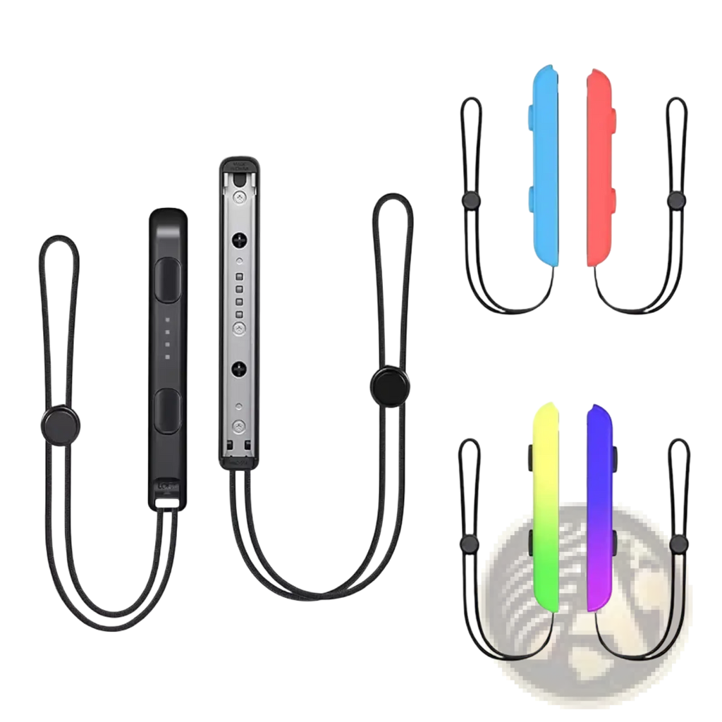 Gaminja Switch joy-con wrist strap in black with adjustable elastic cord shown with blue red and rainbow colors