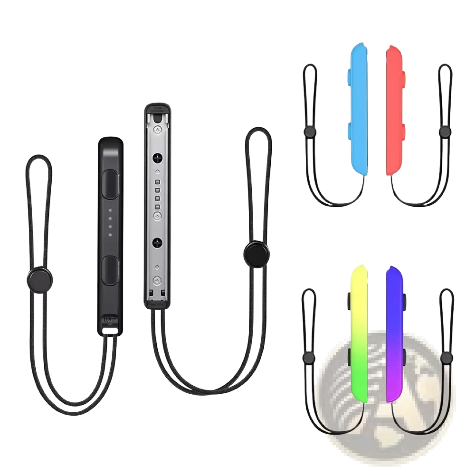Gaminja Switch joy-con wrist strap in black with adjustable elastic cord shown with blue red and rainbow colors