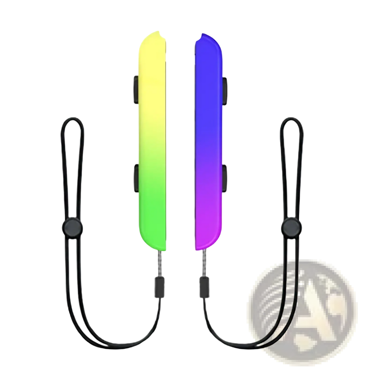 Two colorful gradient finish joy-con grip covers with black wrist straps for Gaminja Switch controllers