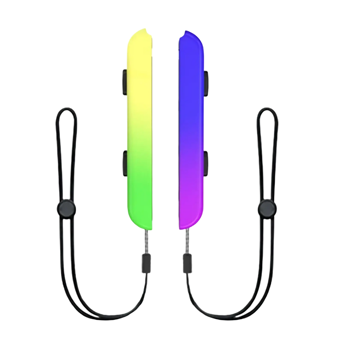 Two colorful gradient finish joy-con grip covers with black wrist straps for Gaminja Switch controllers