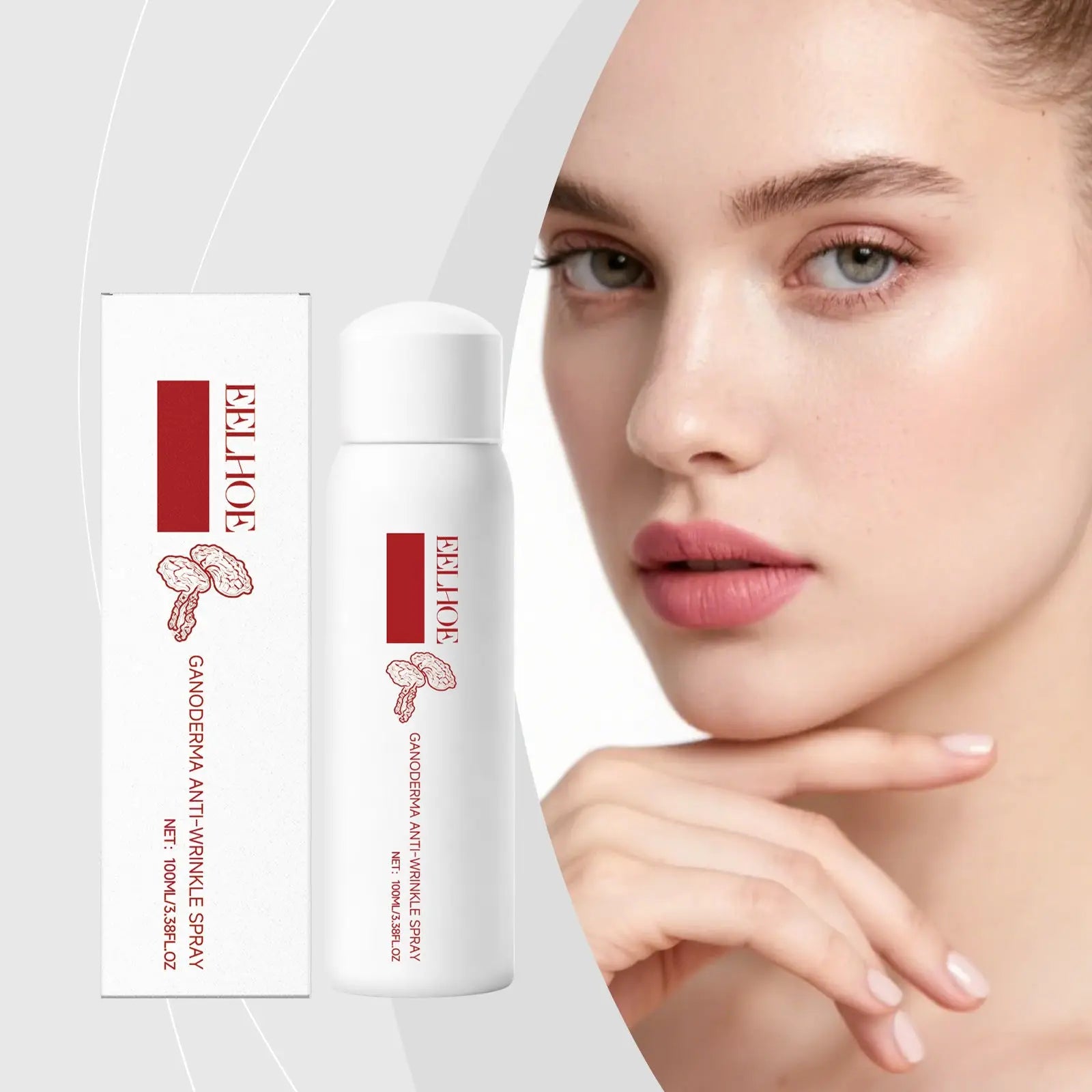 White cylindrical can of eelhoe ganoderma anti-wrinkle spray 100ml firming lotion with white cap and red branding elements