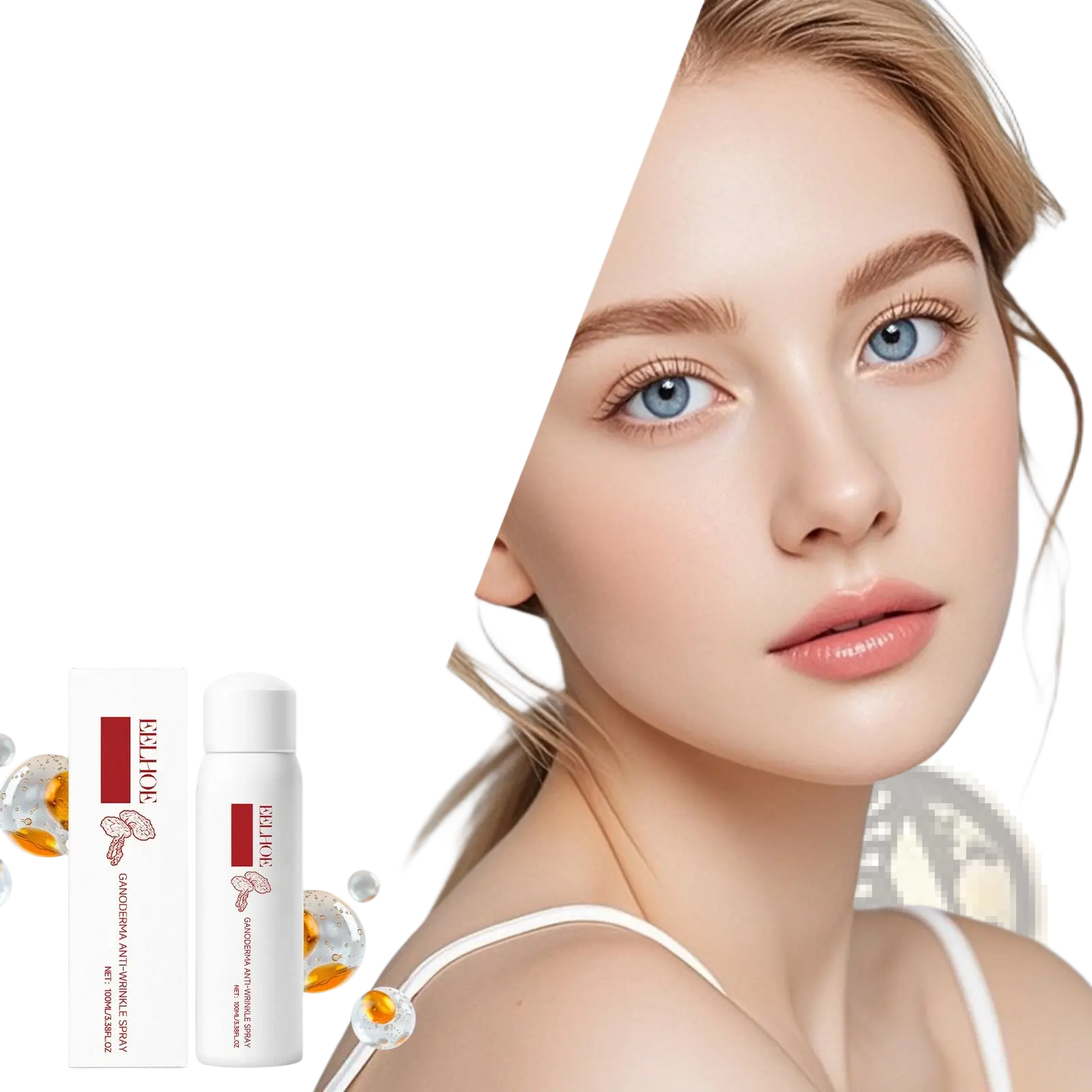 White cylindrical ganoderma anti-wrinkle spray bottle with red and black branding and peanut illustrations 100ml firming lotion