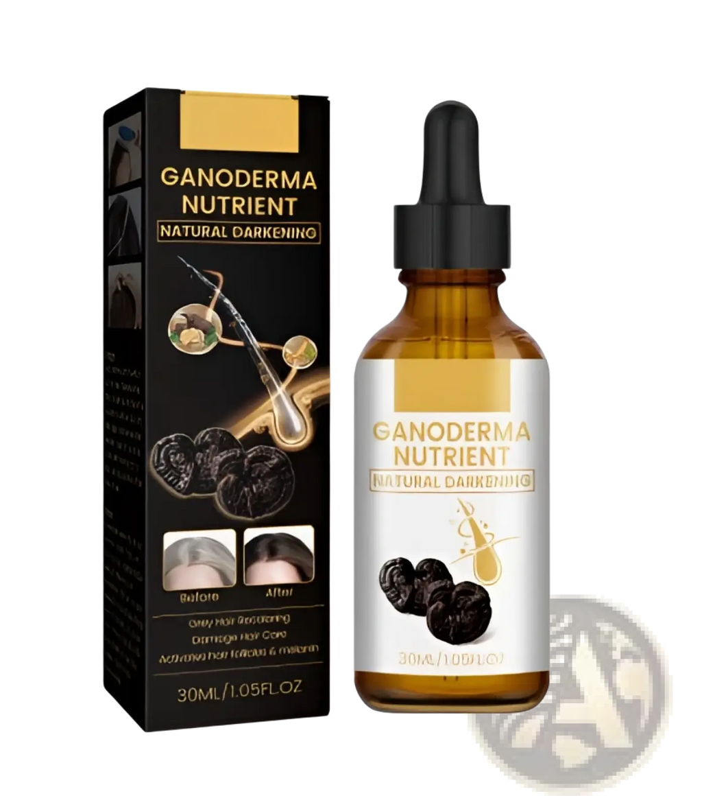 A sleek amber glass bottle with black dropper cap containing ganoderma hair darkening lotion nutrient treatment 30ml