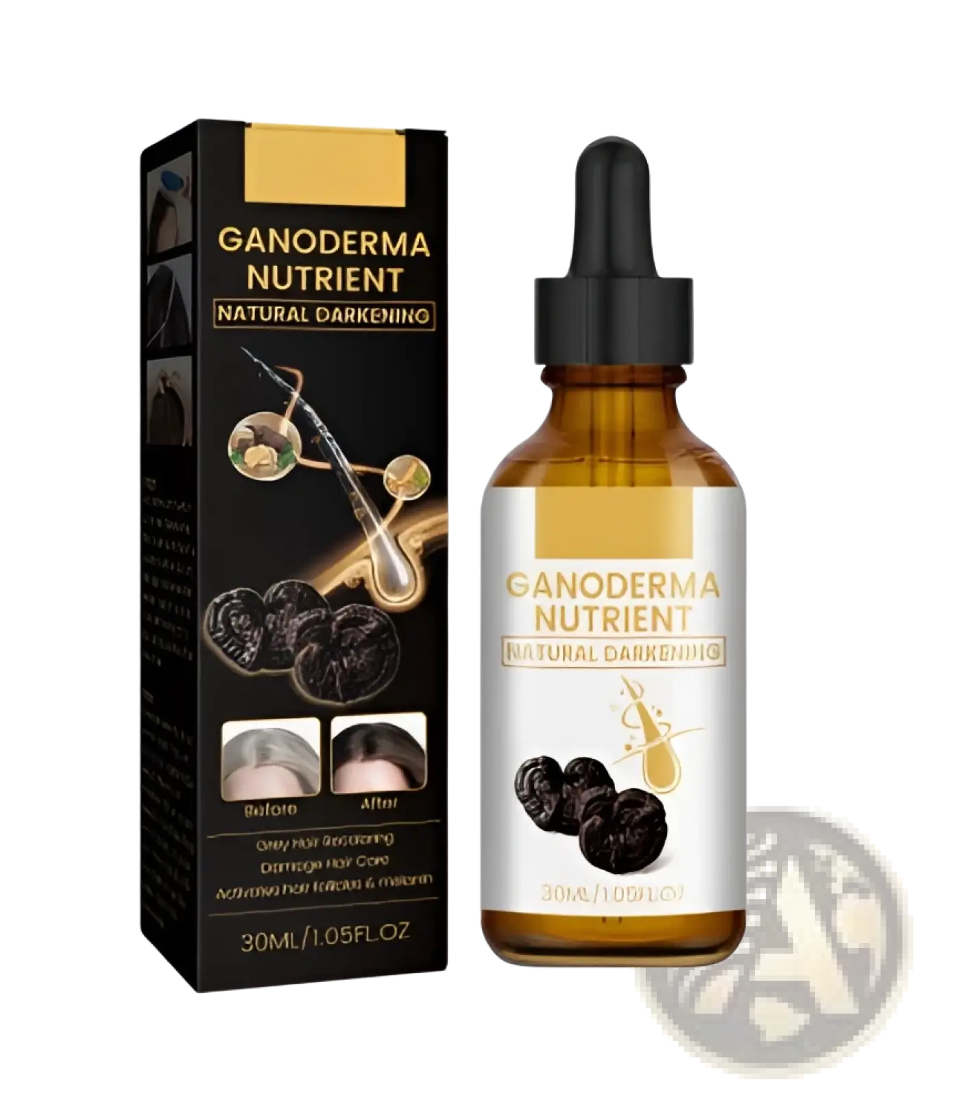 A sleek amber glass bottle with black dropper cap containing ganoderma hair darkening lotion nutrient treatment 30ml