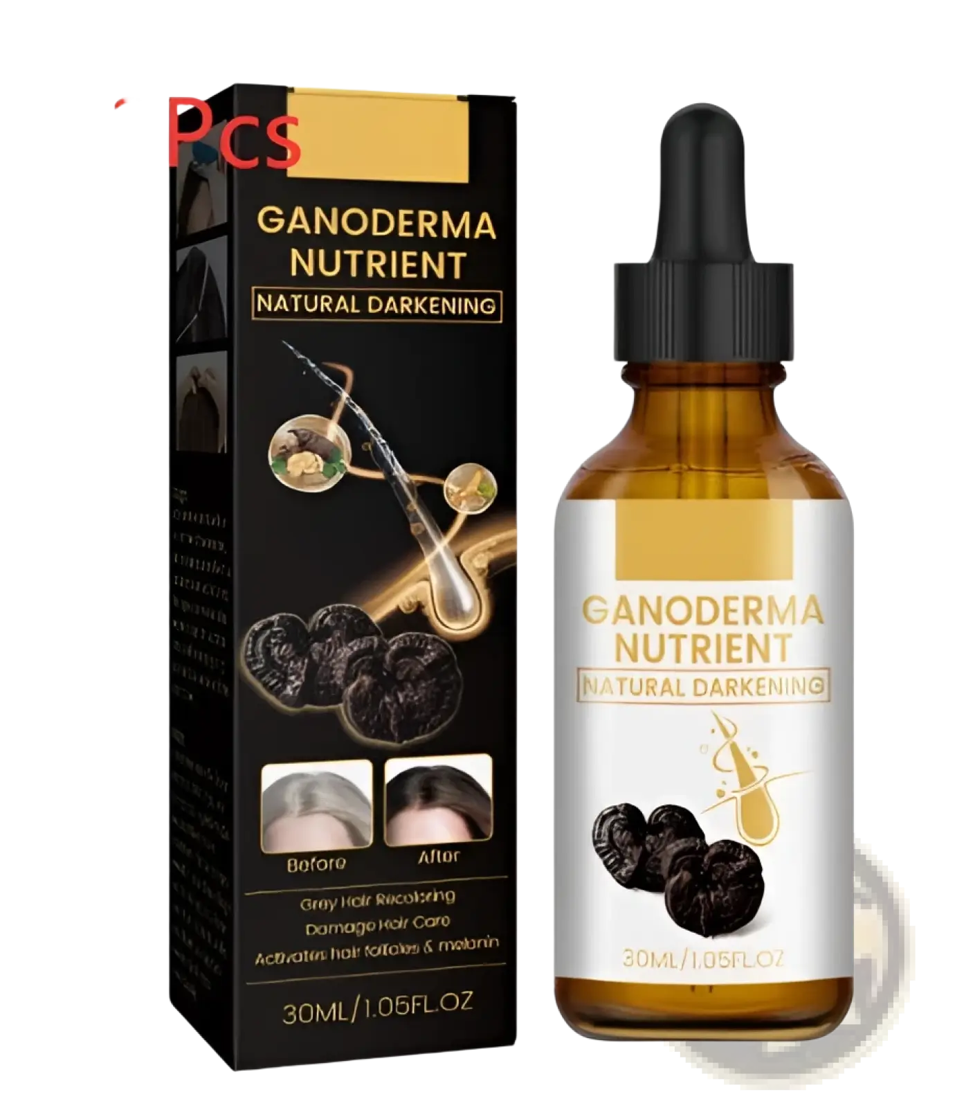 A 30ml amber glass bottle with black dropper cap and white label for ganoderma hair darkening nutrient treatment with dark berries