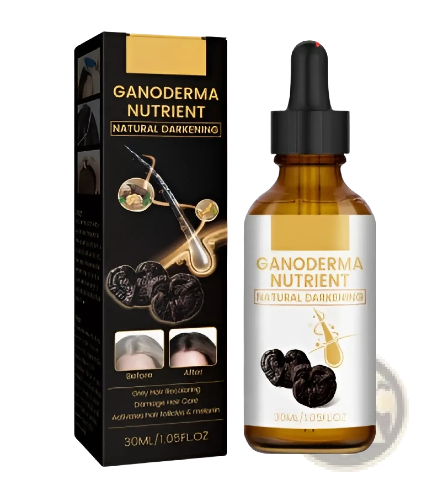 Ganoderma hair darkening lotion nutrient treatment 30ml in amber glass bottle with black dropper and matching black box