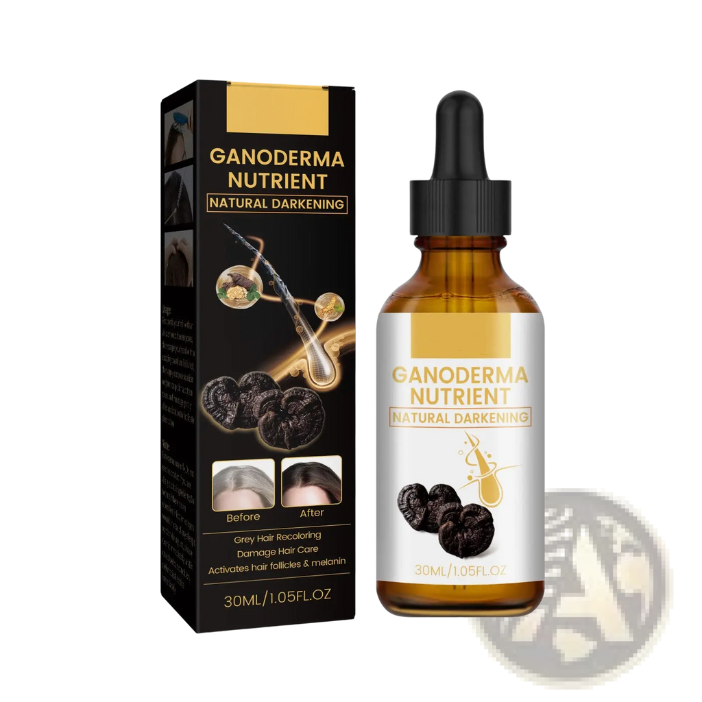 Ganoderma hair darkening lotion nutrient treatment 30ml in amber glass dropper bottle with black cap and matching box