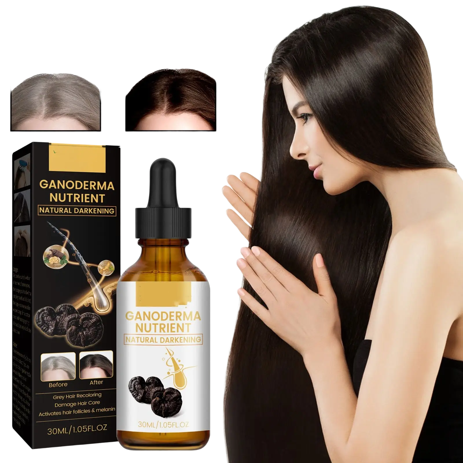 A sleek amber glass bottle with black dropper cap and white label of ganoderma hair darkening lotion nutrient treatment