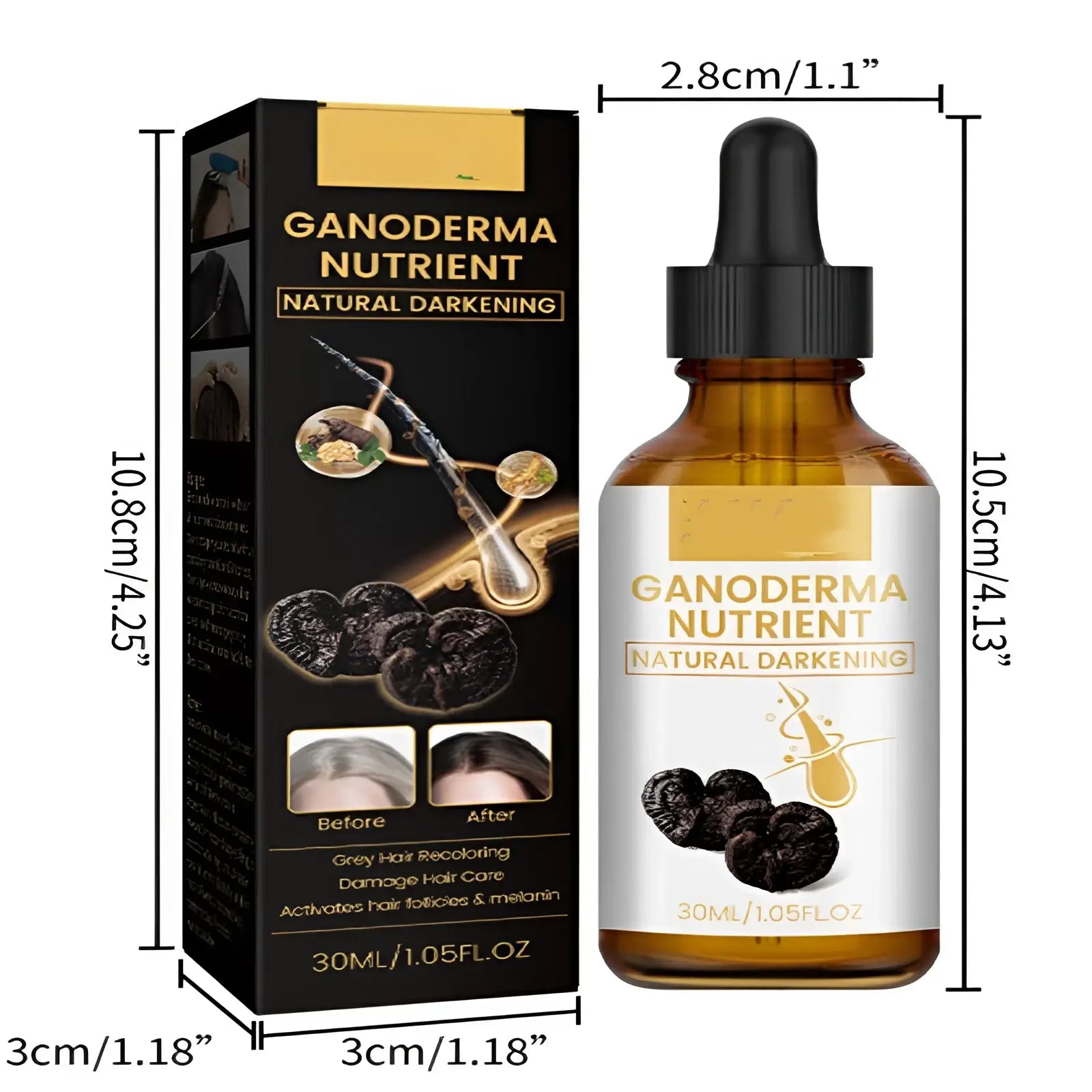 A 30ml amber glass bottle with black dropper and gold text labeled ganoderma hair darkening lotion sits beside its black box