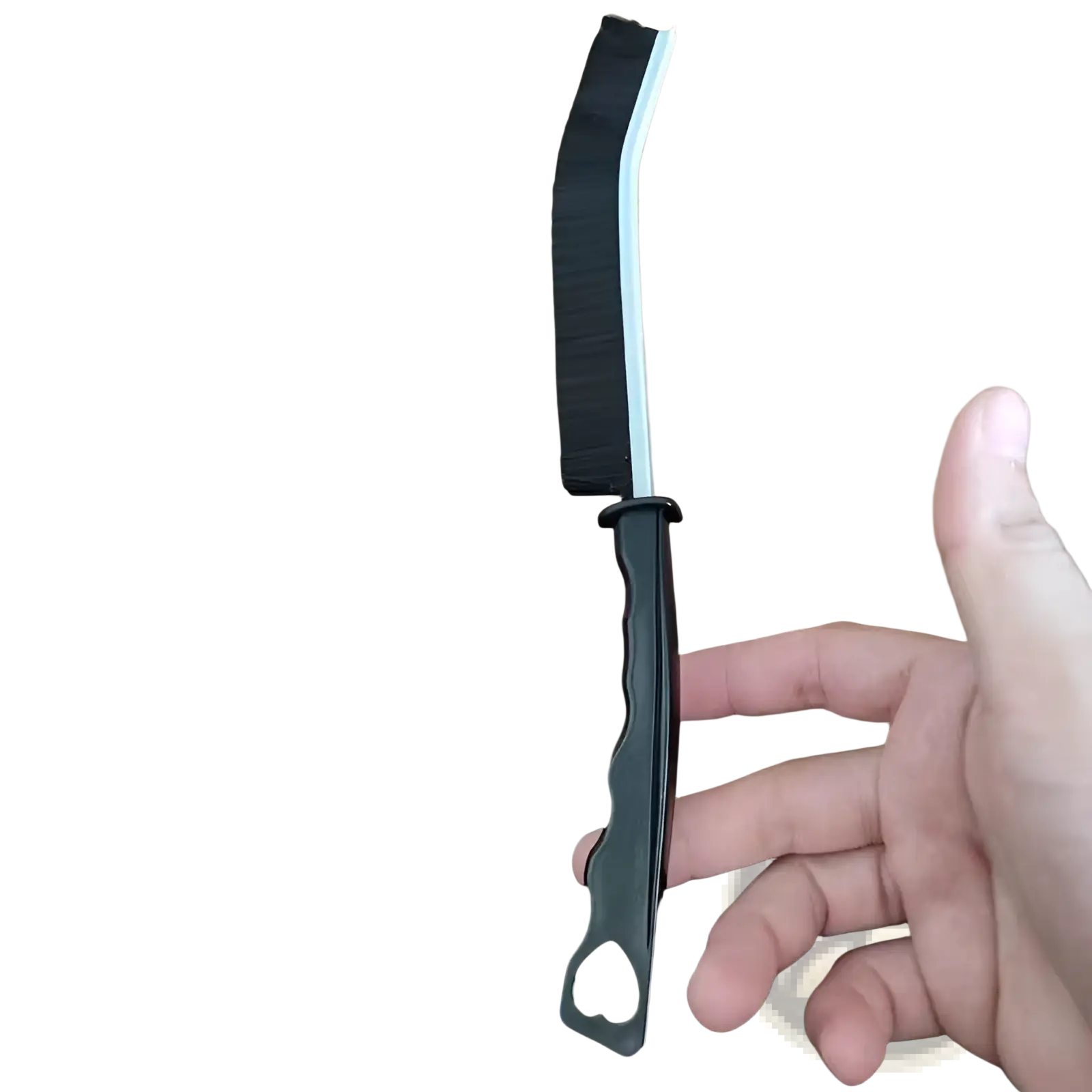 Black plastic-handled gap cleaning brush with curved stiff black bristle head for tile and crevice cleaning
