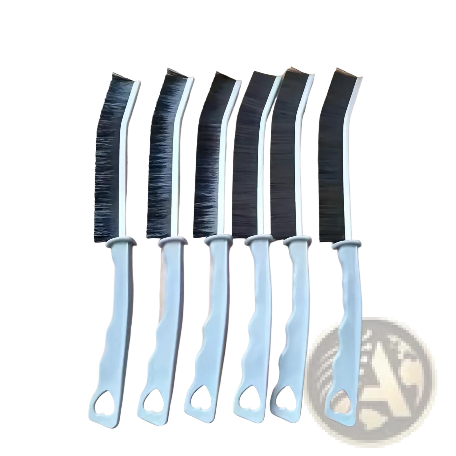 Set of five gray-handled wire brushes with black curved bristles for cleaning tile gaps and narrow crevices