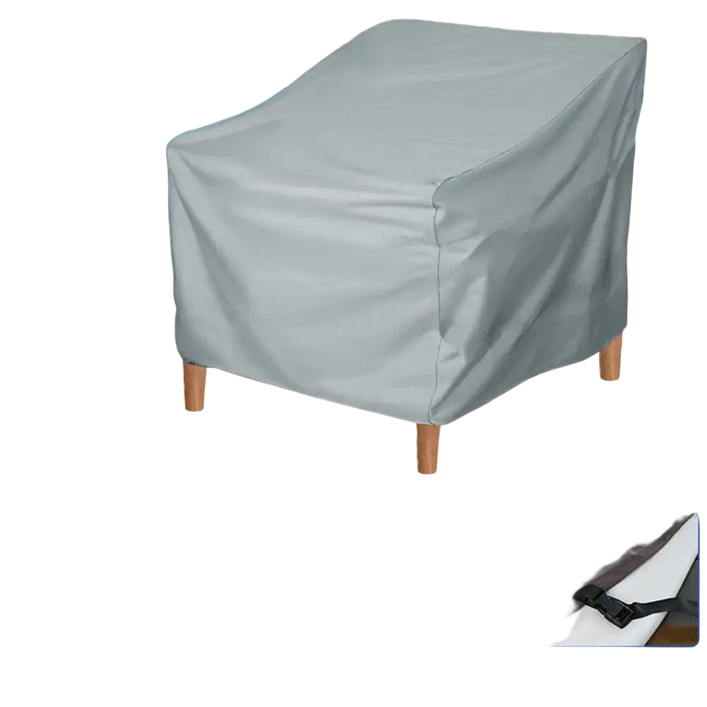 Gray garden furniture chair cover with 190t waterproof coated fabric, reinforced seams, and adjustable straps for outdoor use