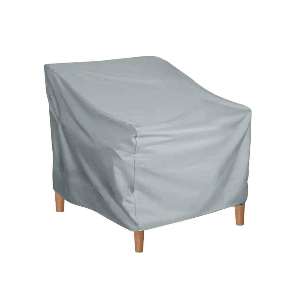 Light gray garden furniture outdoor chair cover with 190t waterproof coated fabric and wooden legs visible beneath
