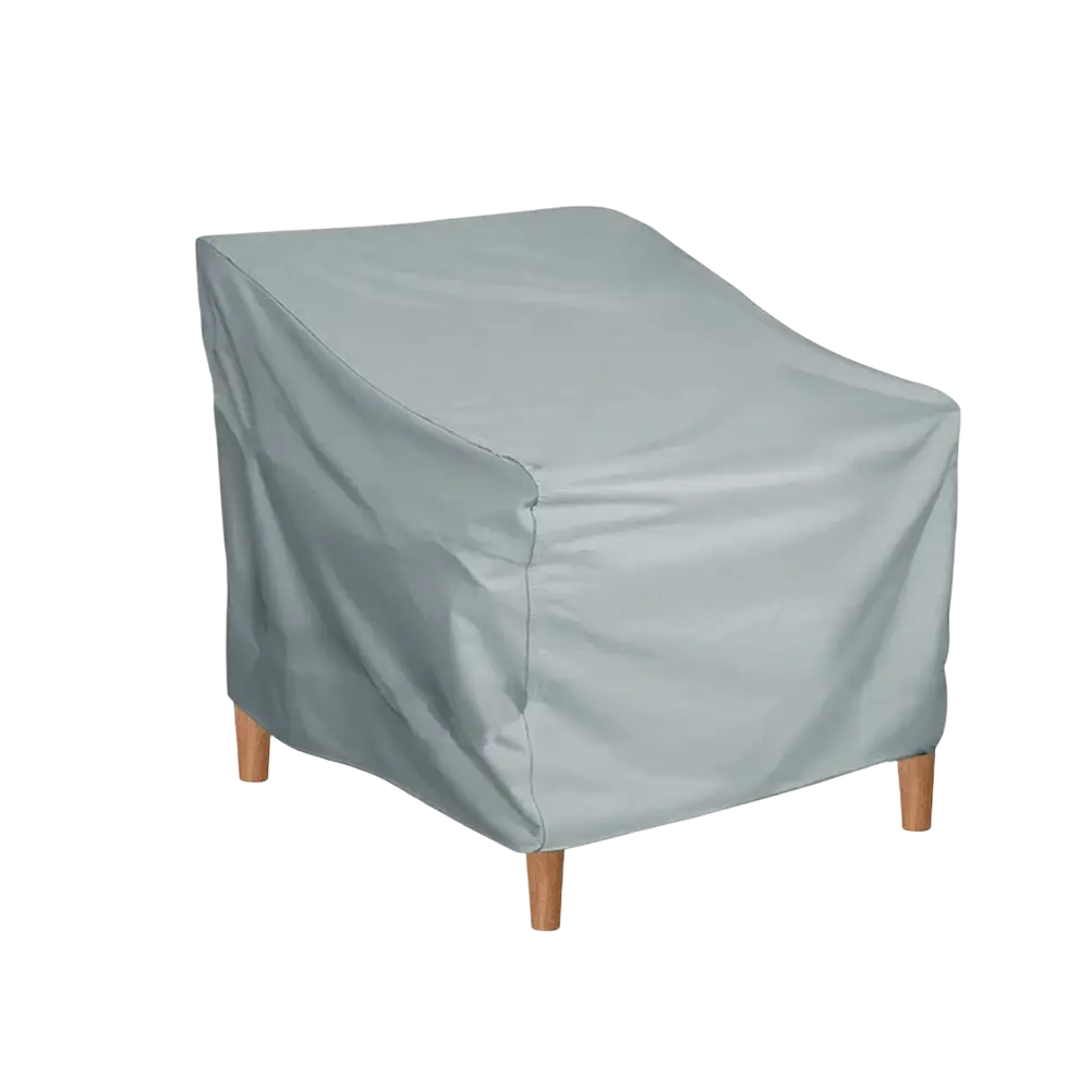 Light gray garden furniture chair cover made from durable 190t waterproof coated fabric with wooden legs visible beneath